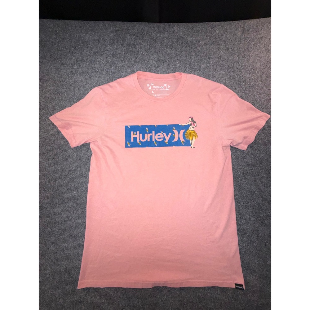 Hurley Mens Pink Hula Girl Graphic Logo T-Shirt Size Large Short Sleeve Tee